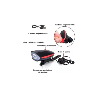 Luz Delantera para Bicicleta con Bocina Integrada USB