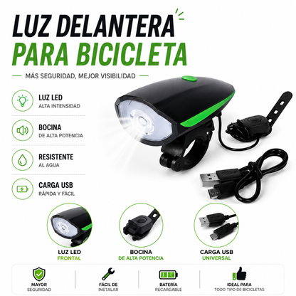 Luz Delantera para Bicicleta con Bocina Integrada USB